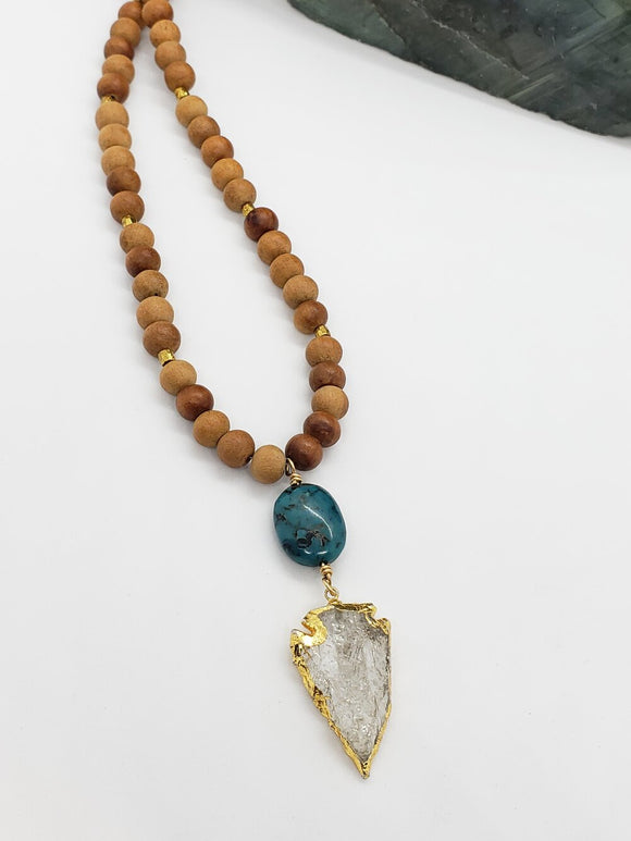 Quartz Crystal Arrow Head & Turquoise Mala Necklace