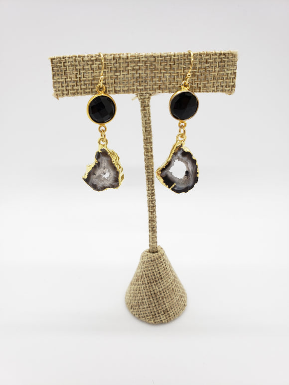 Black Onyx & Druzy Geode Sliced Agate Earrings