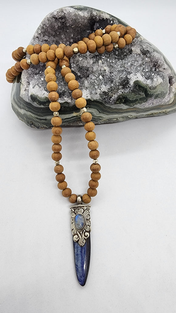 Sandalwood Mala Necklace with Kyanite & Moonstone